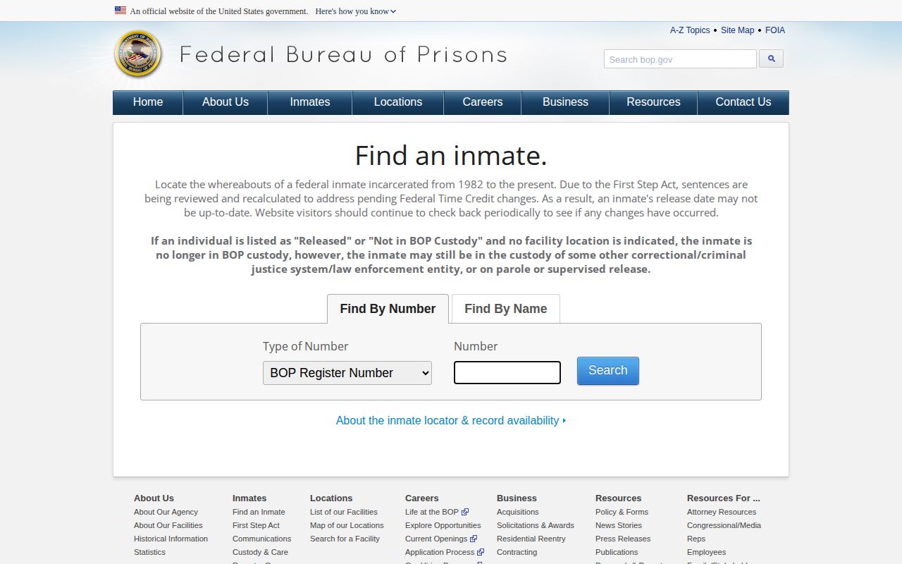 Federal Bureau of Prisons locator for federal custody records related to Crawford County searches