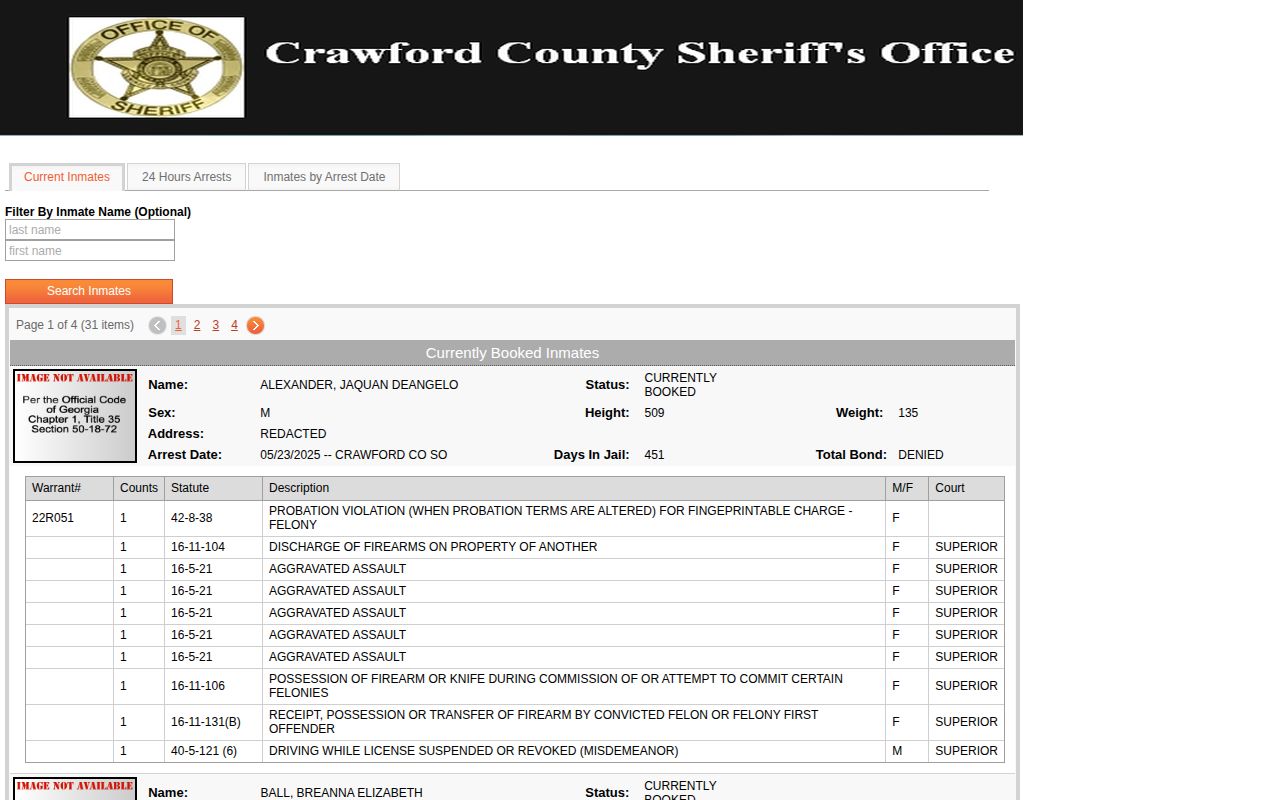 Crawford County Jail official current-custody roster search interface