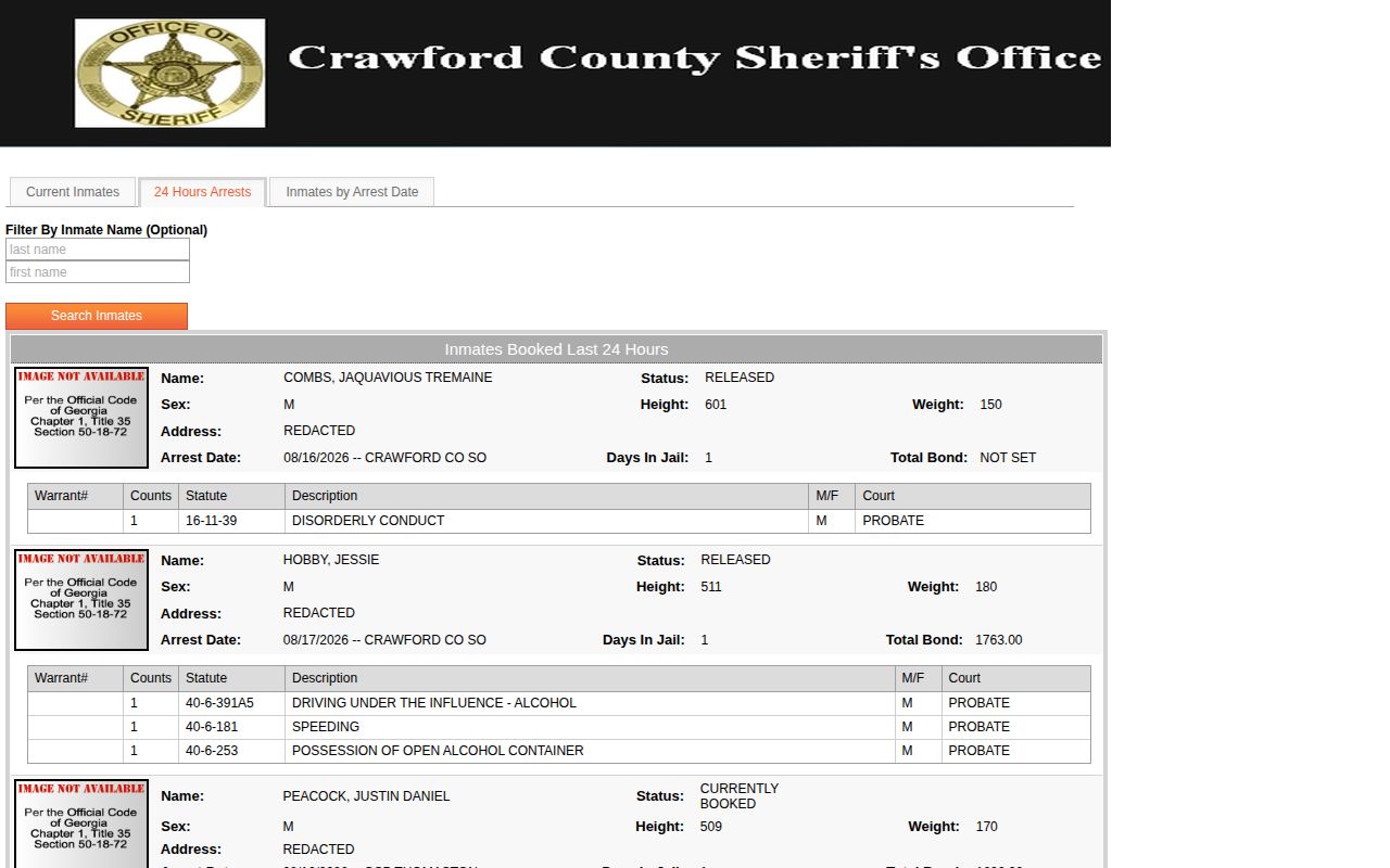 Crawford County Jail official last-24-hours booking feed
